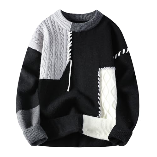 GURUNVANI Patchwork Sweater Mens Colorblock Jumper Cable Knitted